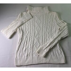 VTG 90s IVORY Cable Knit Turtleneck Sweater S Cotton Fisherman Coastal Grandma